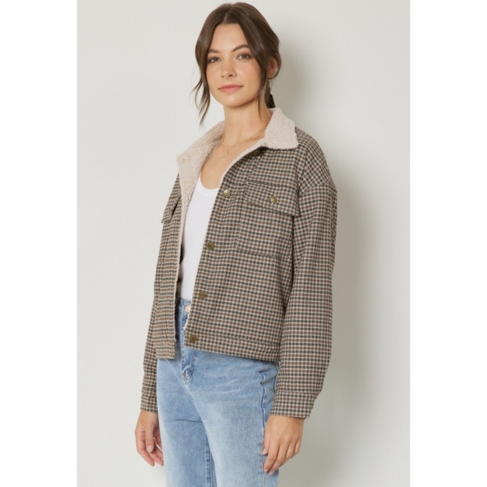107-3 Entro Micro Plaid Print Button Front Jacket with Sherpa Lining - Picture 4 of 9